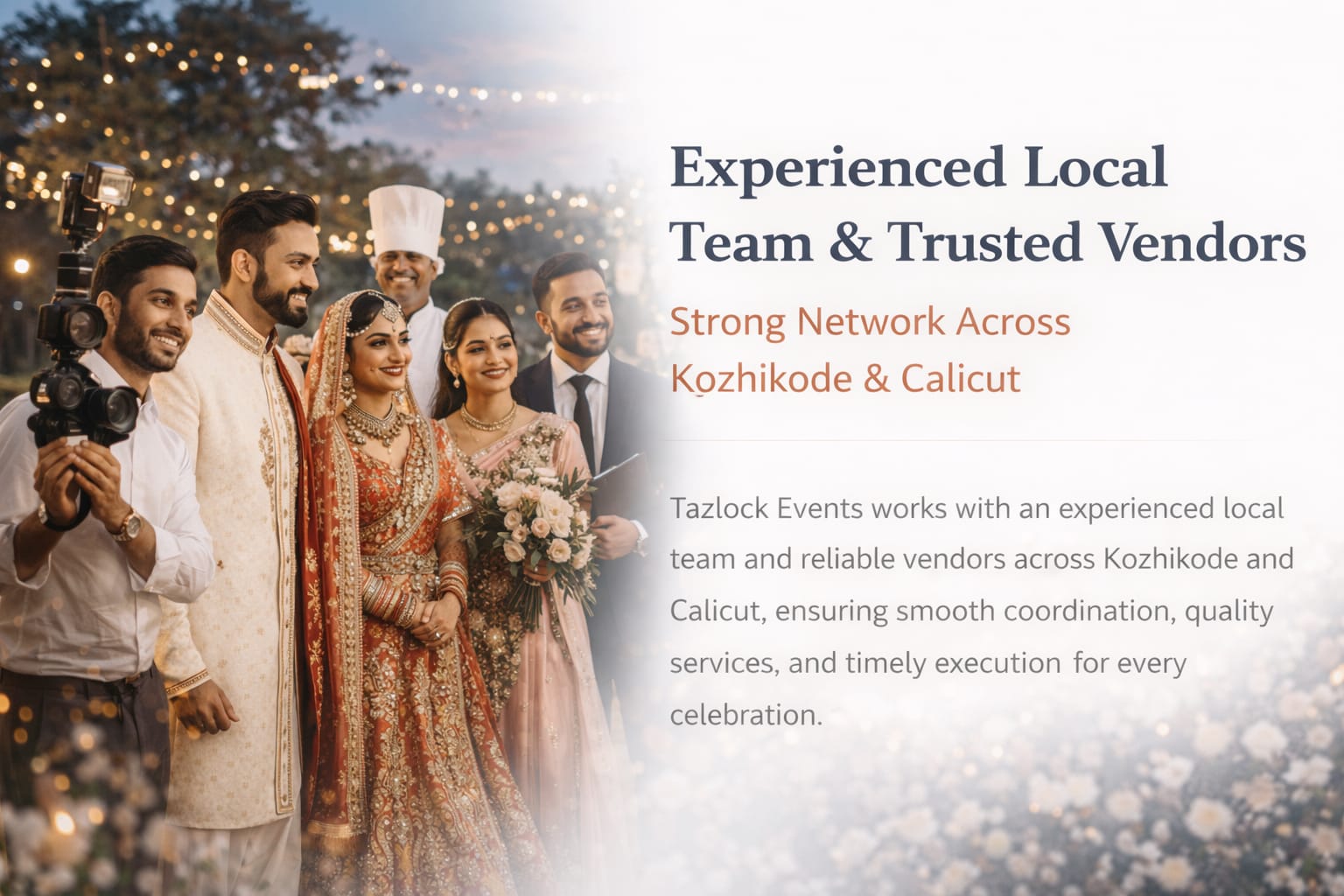 Experienced Local Team & Trusted Vendors Experienced local wedding planning team and trusted vendors by Tazlock Events in Kozhikode and Calicut